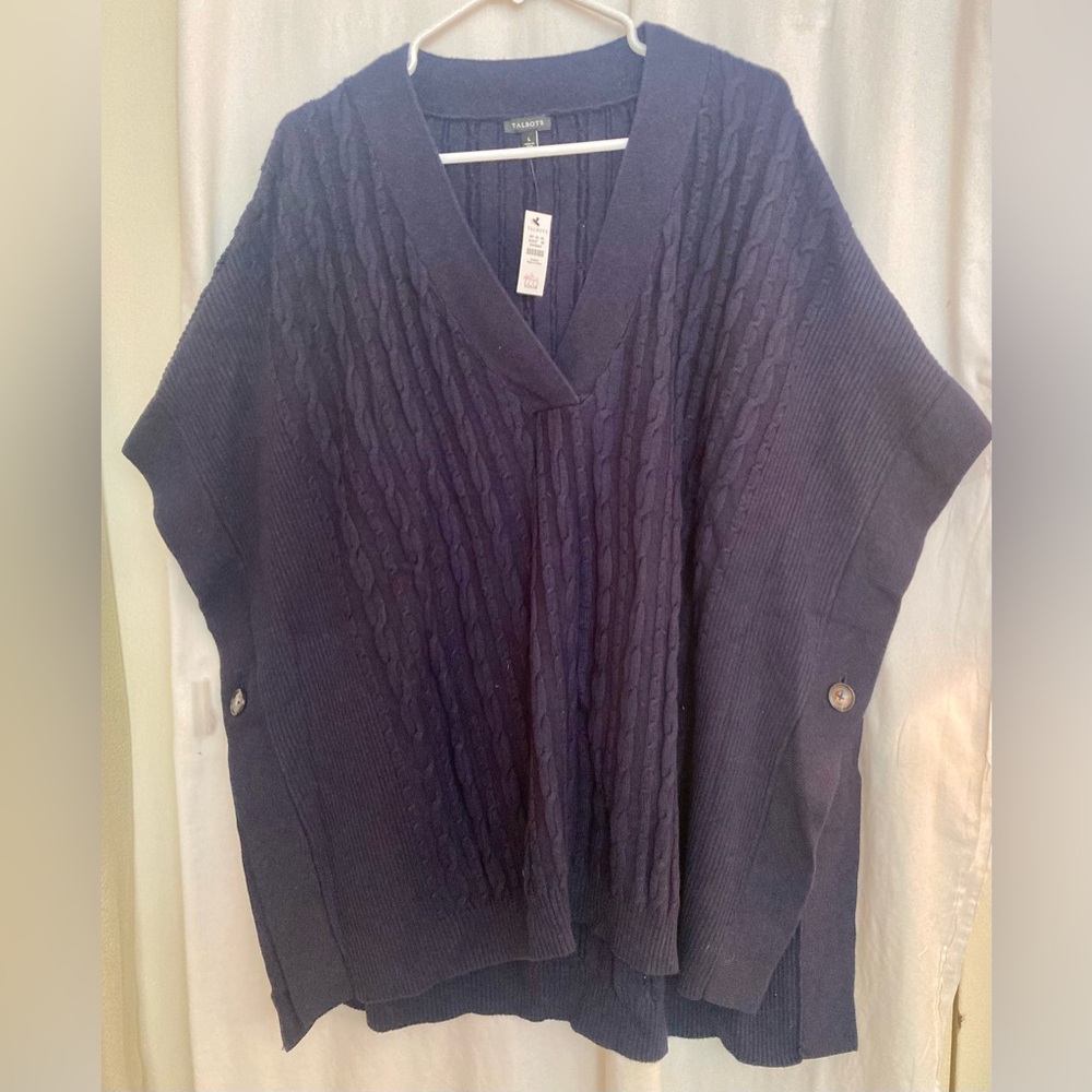 NWT Talbots Black Cable Knit Two Button Poncho Size L